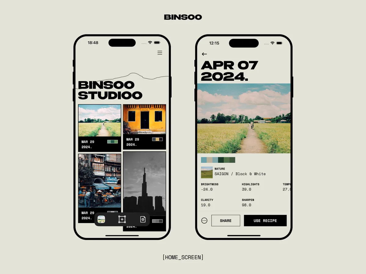 Binsoo photo-editing app with a photo journal and a shareable color recipe shown on two phones