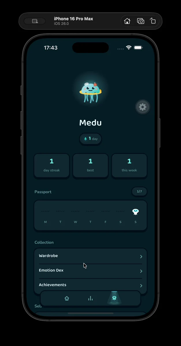 Medu jellyfish mascot in an underwater themed app with a wardrobe and character collection