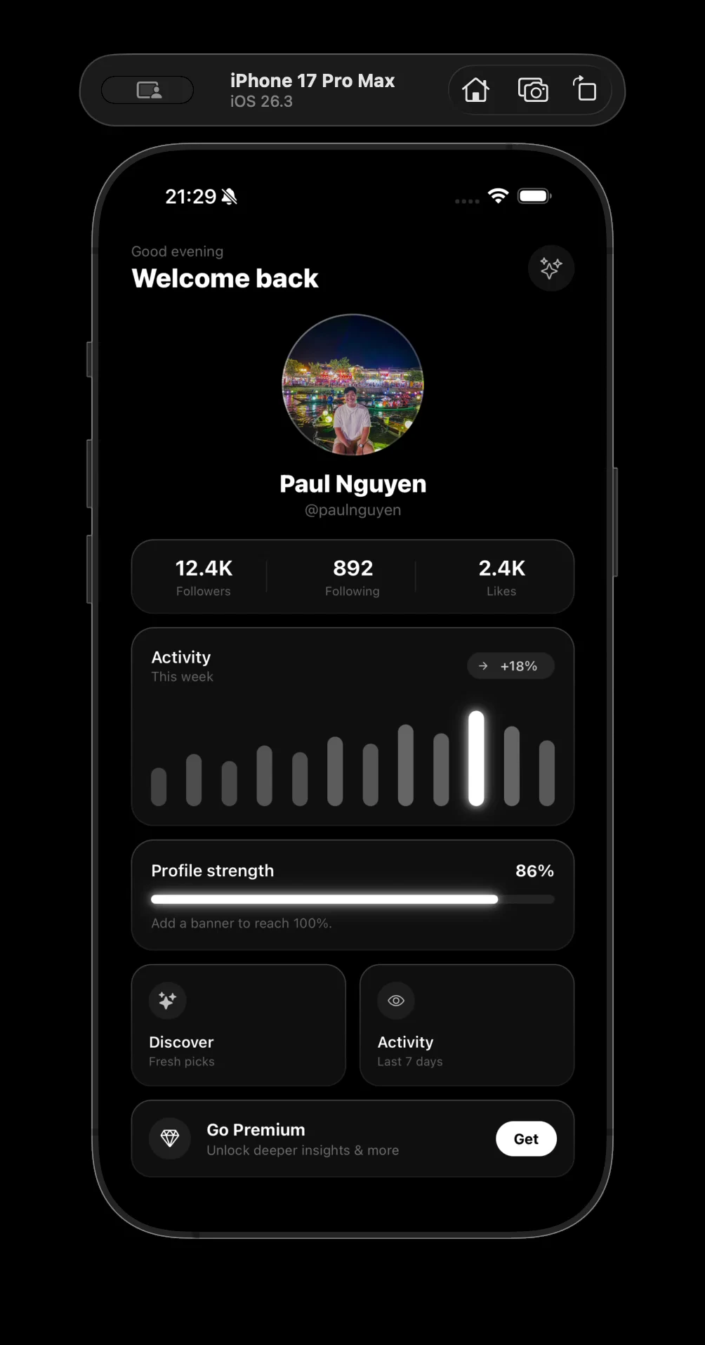 Paul Nguyen's mobile onboarding demo with an orbit loader and animated profile reveal