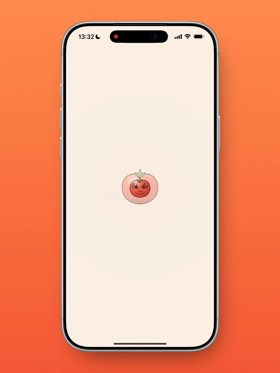 An expressive tomato mascot on a calorie-tracking app welcome screen, presented against an orange backdrop